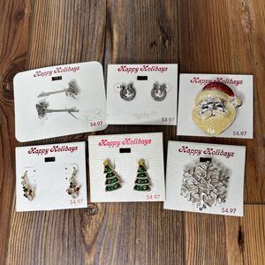 Lot (6) Christmas Brooches Earrings Happy Holidays Brand Costume Jewelry VTG